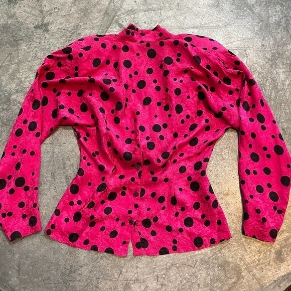 Vintage 80s Michelle Stuart Silk Pink Black Polka Dot Peplum Blouse Shirt 6 - Picture 8 of 13